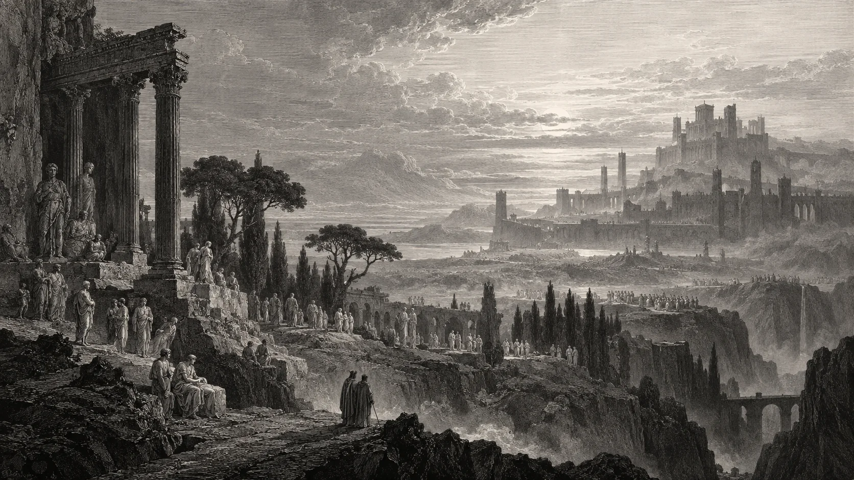 An engraving of Limbo: figures among classical ruins, a walled city on the horizon